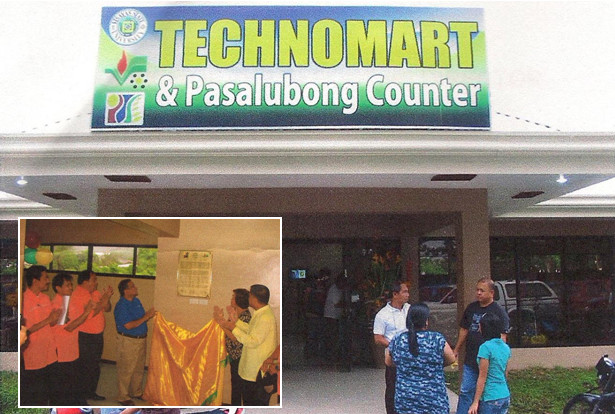 The TechnoMart Pasalubong Center: PCARRD Livestock Research Division Director, Edwin C. Villar (left) and Mayor Carmen L. Cari unveil the marker of the TechnoMart and Pasalubong Counter (inset photo).