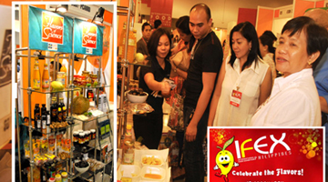 MS Rebecca Tubongbanua (rightmost) at the PCARRD exhibit “Flavors of science”. TechnoMart products exhibited at IFEX include mango sauce, pili oil, frozen durian, coco sugar, and strawberry preserve (left photo).