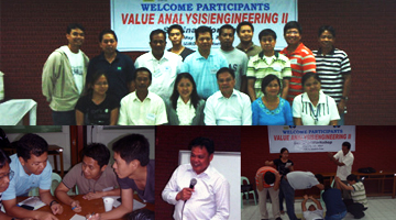 Clockwise: 1) Group A in a group dynamic exercise, discusses the parts of a tractor and how each one of them will act out each part of the machine; 2) PCARRD Deputy Executive Director Richard M. Juanillo opens the training with encouraging message; 3) Group B actuates the different parts of a sewing machine; 4) Participants of the Value Analysis Engineering training pose for a break."