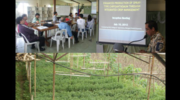 (Top) Dr. Sonwright Maddul, Consortium Director of HARRDEC delivering his welcome message.  (Bottom) The chrysanthemum production area of MS Colte at Bineng, La Trinidad under greenhouse condition.