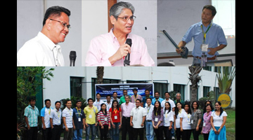 The participants (bottom) of the training, together with PhilRice Deputy Director for Research, Dr. Manuel C. Regalado (top left), PCAARRD's ARMRD Director, Mr. Rodolfo O. Ilao (top center), and major resources speaker Dr. Jasper G. Tallada (top right).