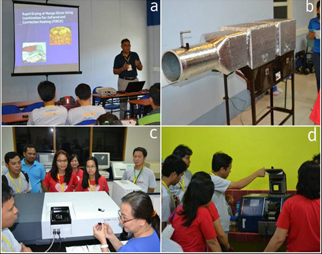 Trainees listen to PhilMech's lecture demo on rapid dryer for mango slices that uses combination of far-infrared and convection heating (a, b) and the UV-VIS-NIR Spectrophotometer (c) located in their Laboratory Services Division. The dryer (b), however, was just a laboratory-scale prototype. Dr. Tallada shows CLSU's Foss 6500 NIR analyzer (d) to the participants.