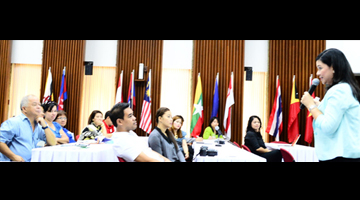 Event expert and educator Cynthia Reantaso-Bernabe (extreme right, standing) delivers her lecture on event management in the 21st century to representatives of the Foundation’s member-agencies. (Photo by Ryan Allester Occeña, Xavier University)