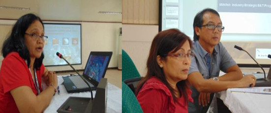 Marine Resources Division (MRD) Director Dr. Mari-Ann Acedera presenting the ISP on Seaweeds (left). Dr. Adelaida Calpe and Engr. Eduardo Manalili, ISP Managers for mud crab and milkfish/aquafeeds, respectively, discussing with the panel after presenting their ISPs (right).