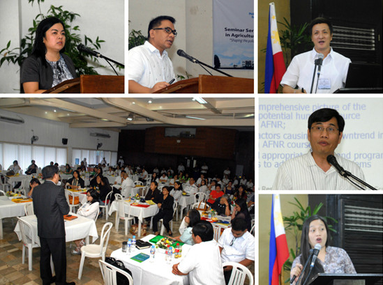 Resource speakers (from left): Ms. Princess Alma B. Ani (PCAARRD), Dr. Jose DV. Camacho, Jr. (UPLB), Prof. Rodger M. Valientes (UPLB), Dr. Melvin B. Carlos (PCAARRD) and Prof. Anna Floresca F. Firmalino (UPLB) and participants in the Luzon series to the PCAARRD Seminar on Socio-Economic Researches.