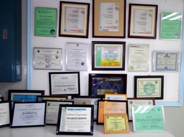 Photo shows Mega Global’s certifications, which include EU compliance, HACCP, Halal certification from IDCP, and ISO 22000 certification, among others. 